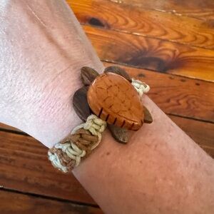 Sea Turtle Wood Carved Adjustable Leather Bracelet